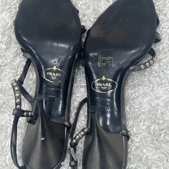 Prada Grey Metallic Studded Leather T Strap Sandals Size 39.5 - Picture 10 of 12